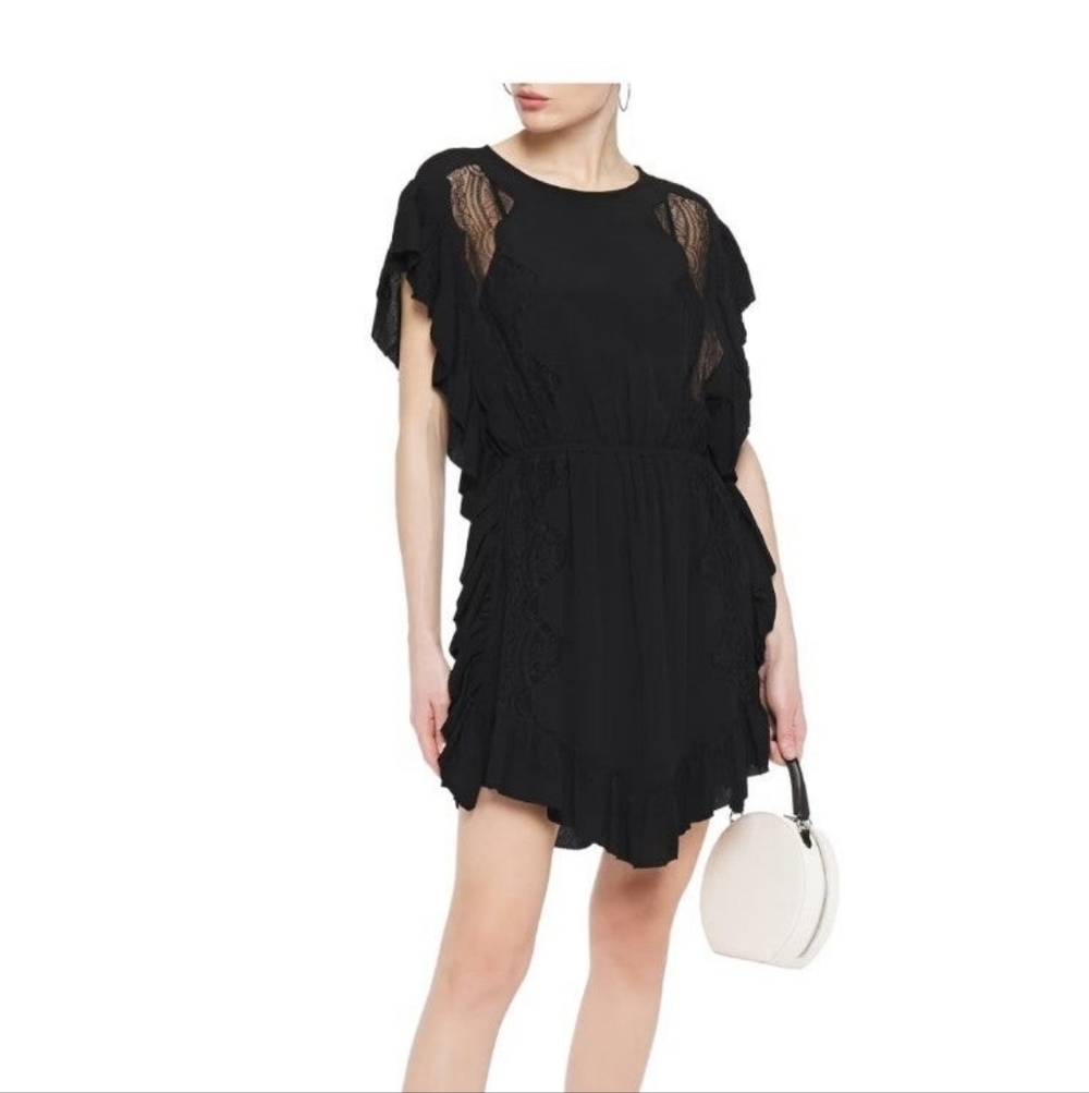 IRO Black zestful chantilly lace trimmed ruffled crepe mini dress